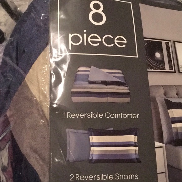 Full size blue/gray/tan reversible 8-piece bedding set/comforter - Picture 2 of 6
